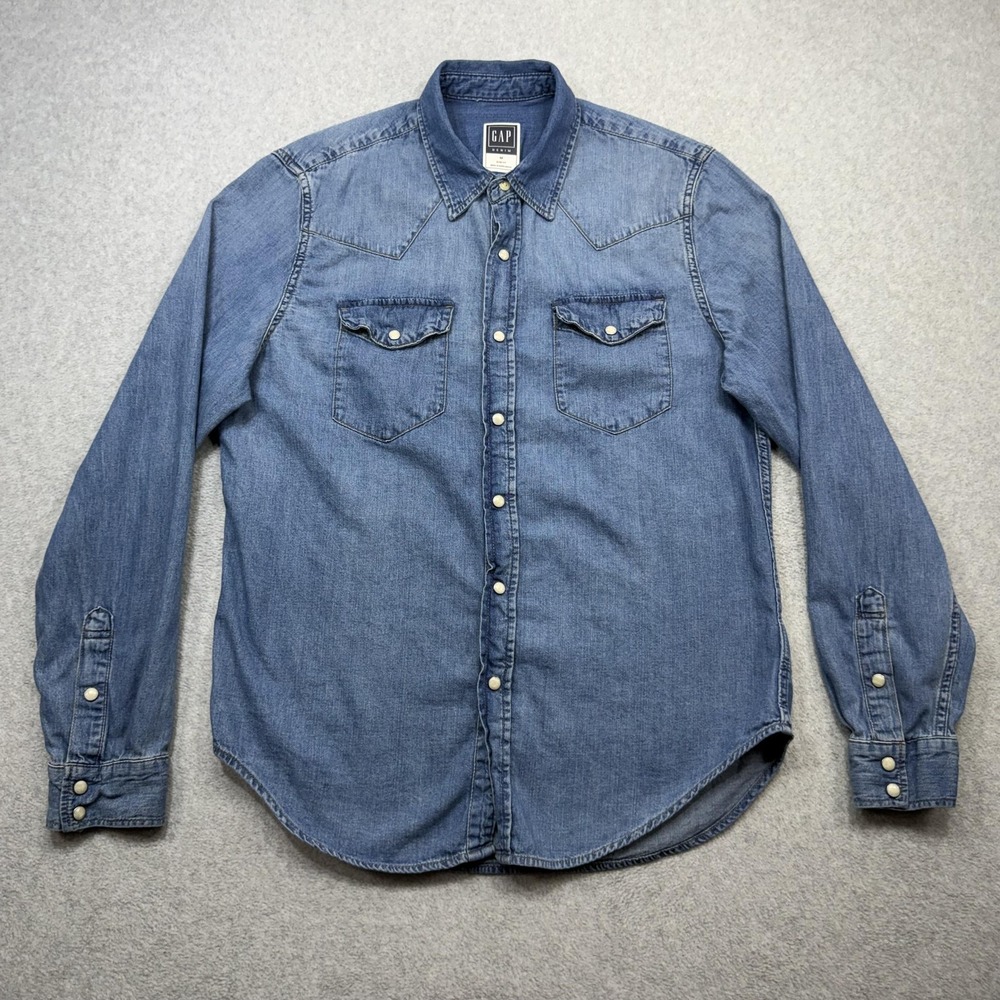 Gap Denim Shirt Mens Medium Blue Long Sleeve Pearl Snap Western Slim Fit Work